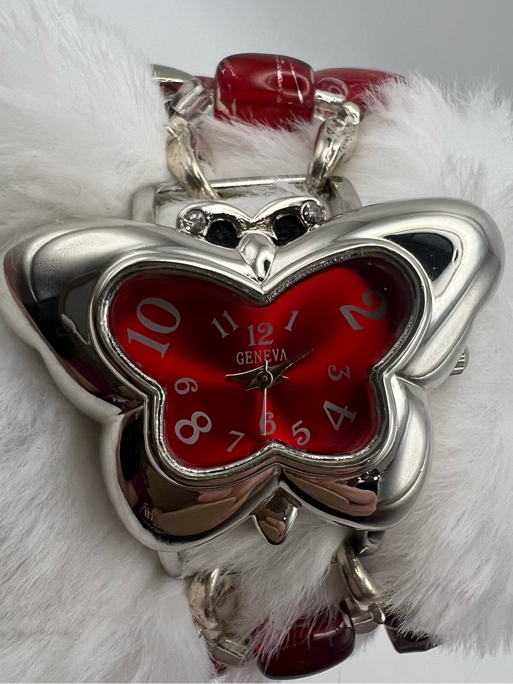Y2K Geneva Silver-Tone Butterfly Watch with Red Dial